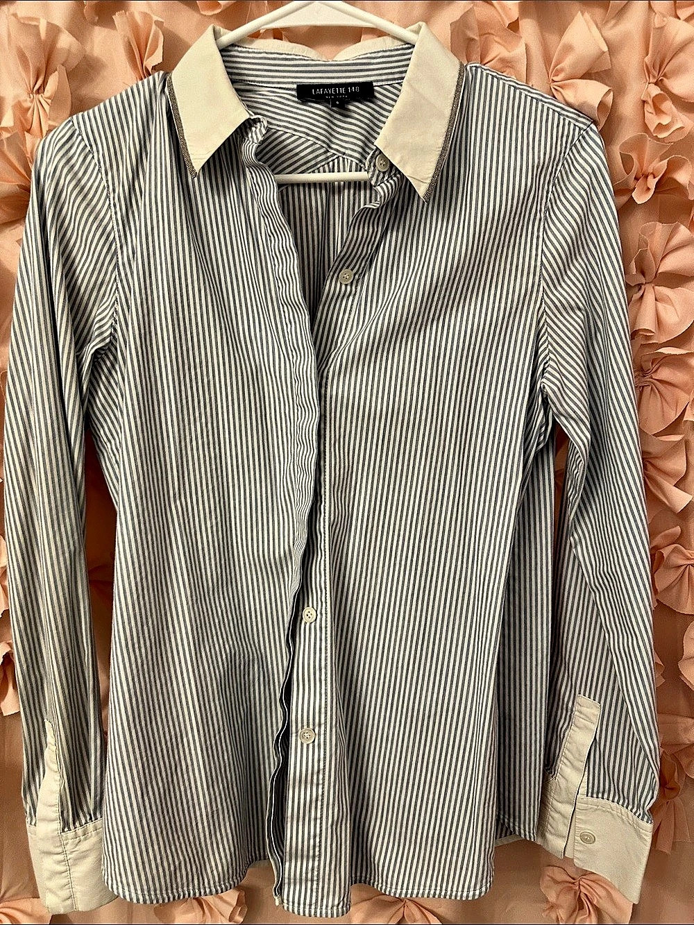 Lafayette 148 New York Striped Button Down Shirt Blue & White Small